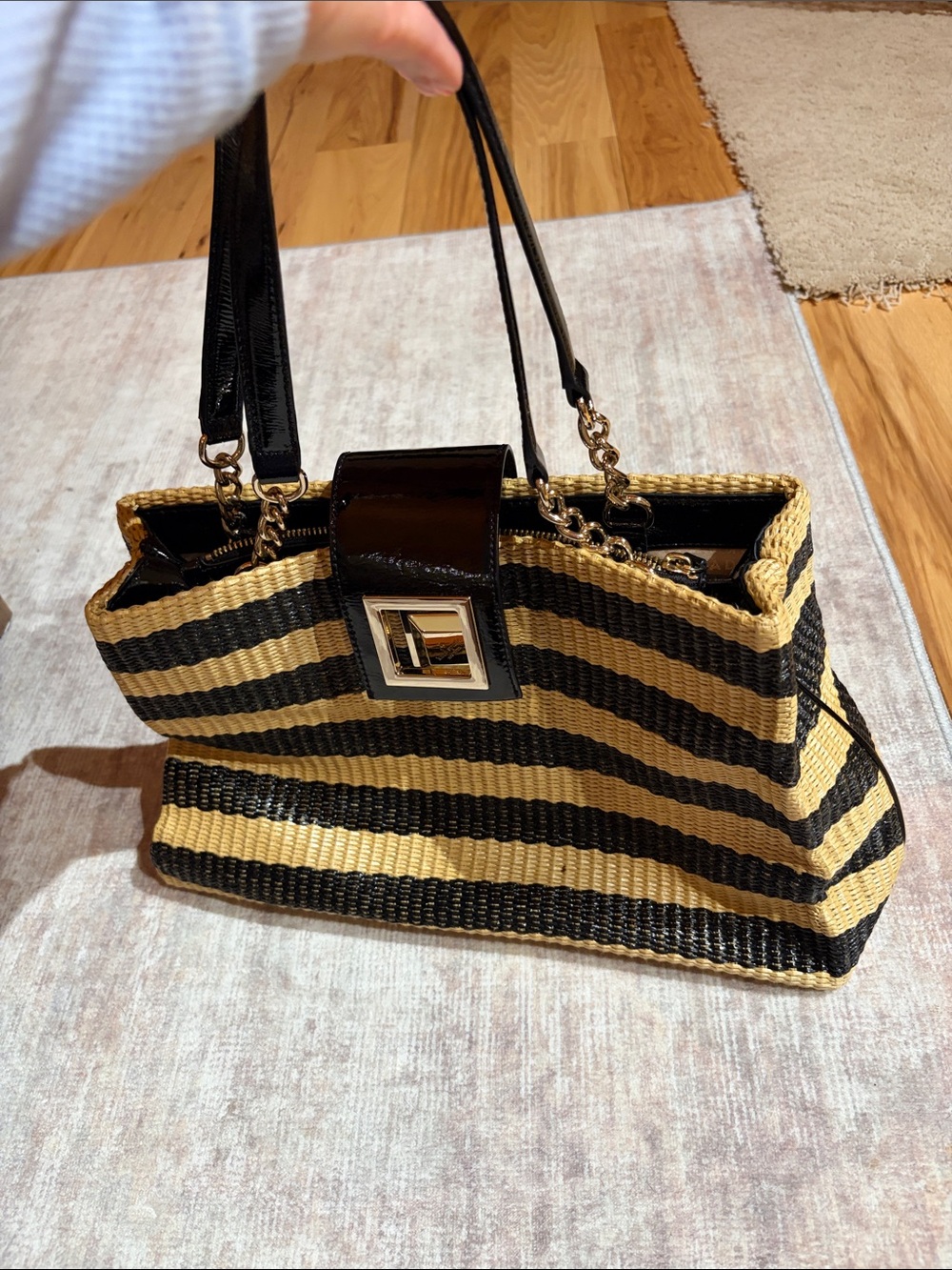 Coach Woven Stripe Tote – Black & Natural Leather Trim - Picture 5 of 8
